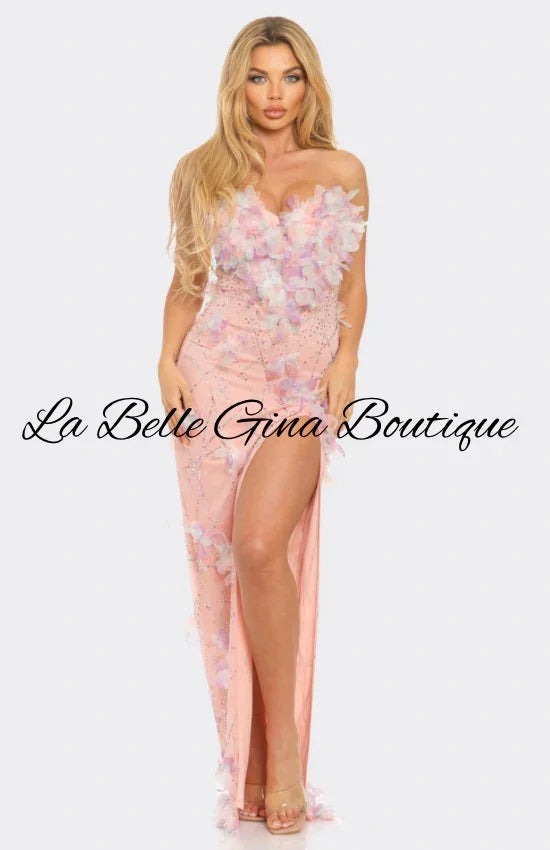 Strapless Floral Applique Evening Gown – Pink & White Luxury Slit Dress