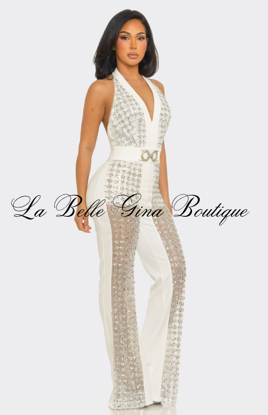 Rhinestone Halter Jumpsuit for Women | Elegant Backless Party Jumpsuit