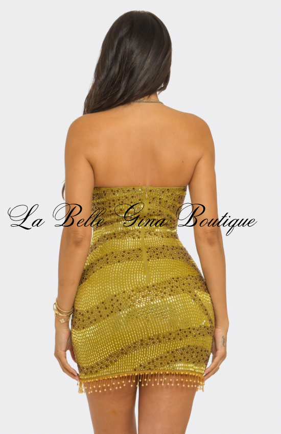 Golden Hour Luxe Strapless Rhinestone Mini Dress – Embellished Party Dress