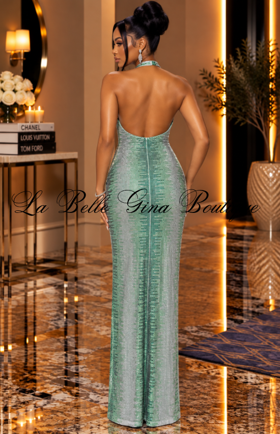 Gina Luxe Rhinestone Halter Maxi Dress – Plunging Neck Backless Evening Gown