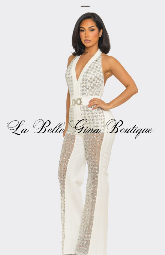 Rhinestone Halter Jumpsuit for Women | Elegant Backless Party Jumpsuit