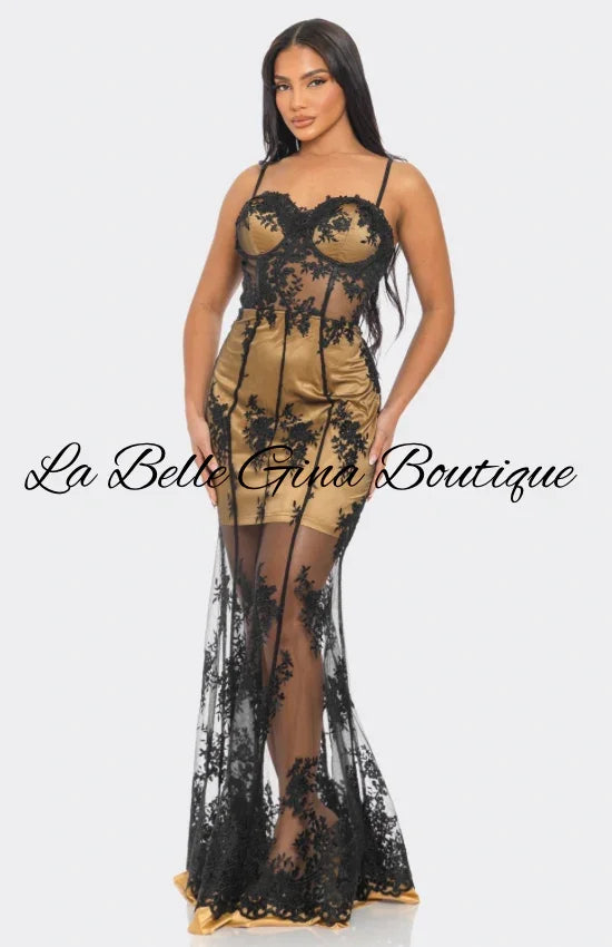 Gold Satin & Black Lace Sheer Gown – Luxury Evening Maxi Dress