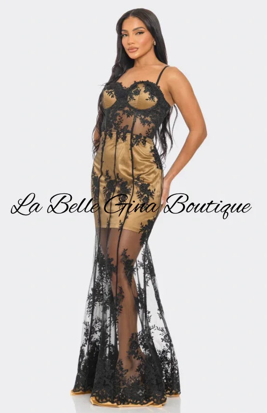 Gold Satin & Black Lace Sheer Gown – Luxury Evening Maxi Dress