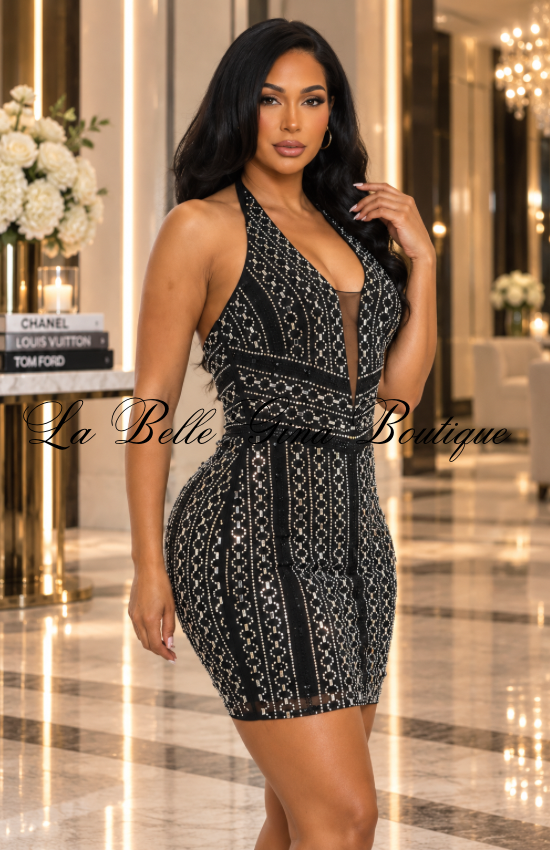 Midnight Luxe Rhinestone Halter Mini Dress – Plunging Neck Bodycon Party Dress
