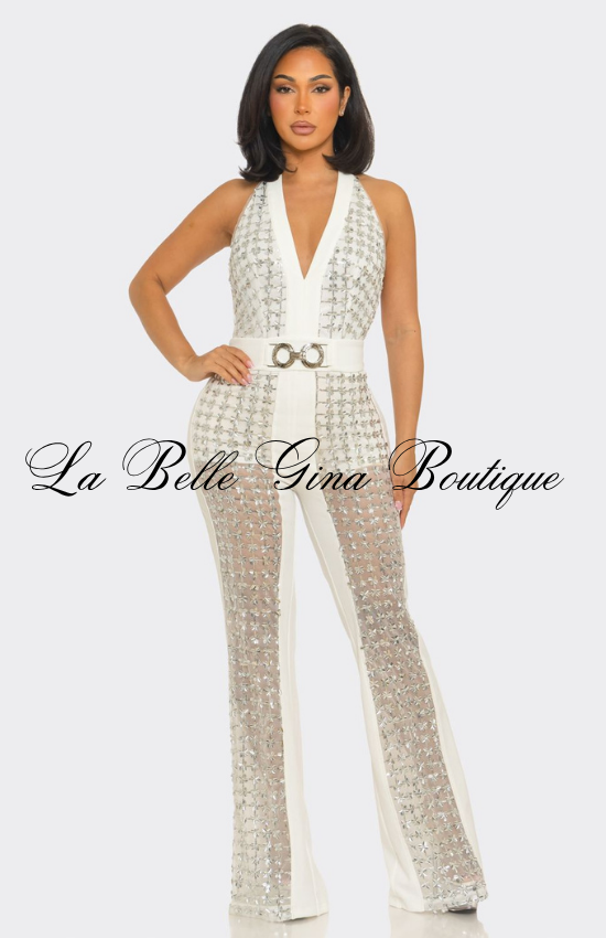 Rhinestone Halter Jumpsuit for Women | Elegant Backless Party Jumpsuit
