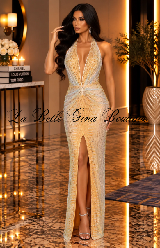 Gina Luxe Rhinestone Halter Maxi Dress – Plunging Neck Backless Evening Gown