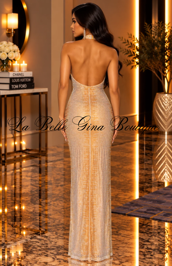 Gina Luxe Rhinestone Halter Maxi Dress – Plunging Neck Backless Evening Gown