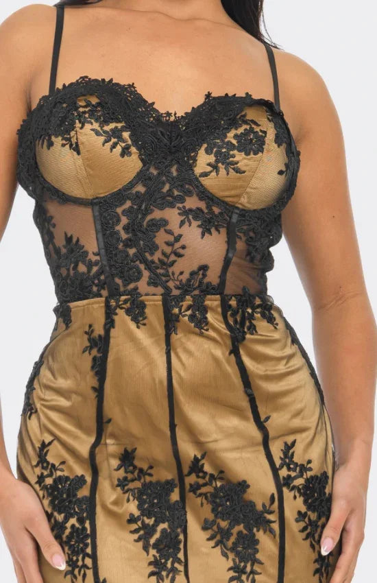 Gold Satin & Black Lace Sheer Gown – Luxury Evening Maxi Dress