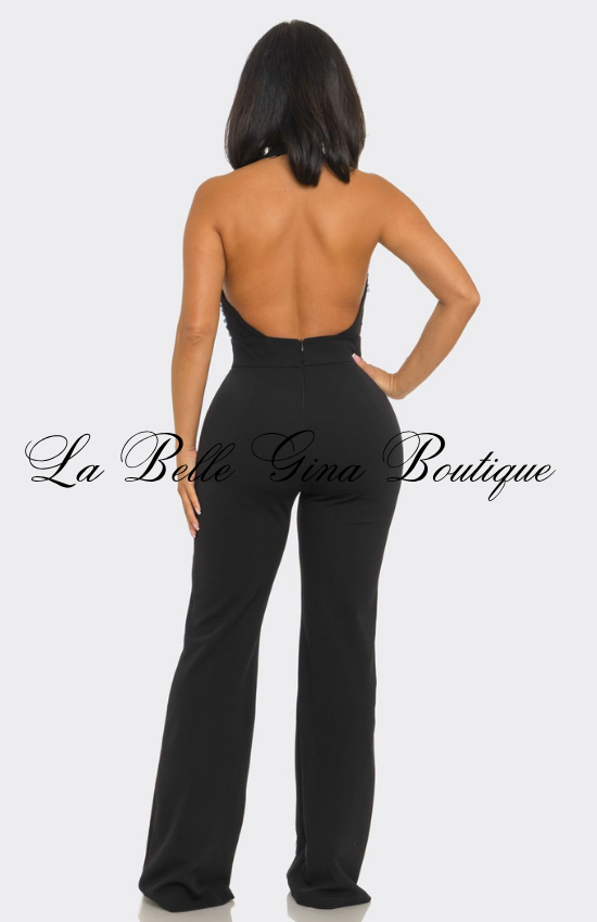 Rhinestone Halter Jumpsuit for Women | Elegant Backless Party Jumpsuit
