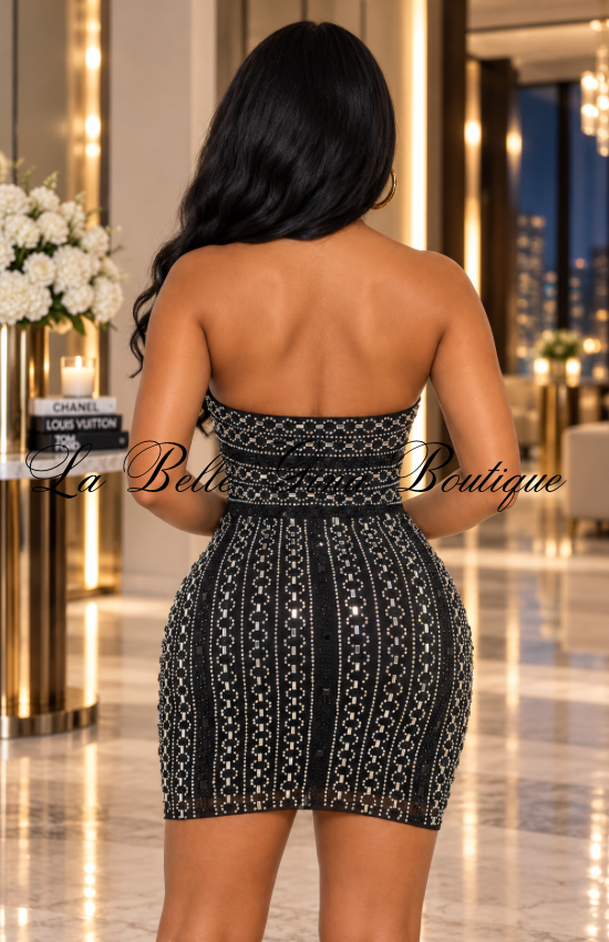 Midnight Luxe Rhinestone Halter Mini Dress – Plunging Neck Bodycon Party Dress