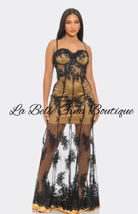 Gold Satin & Black Lace Sheer Gown – Luxury Evening Maxi Dress
