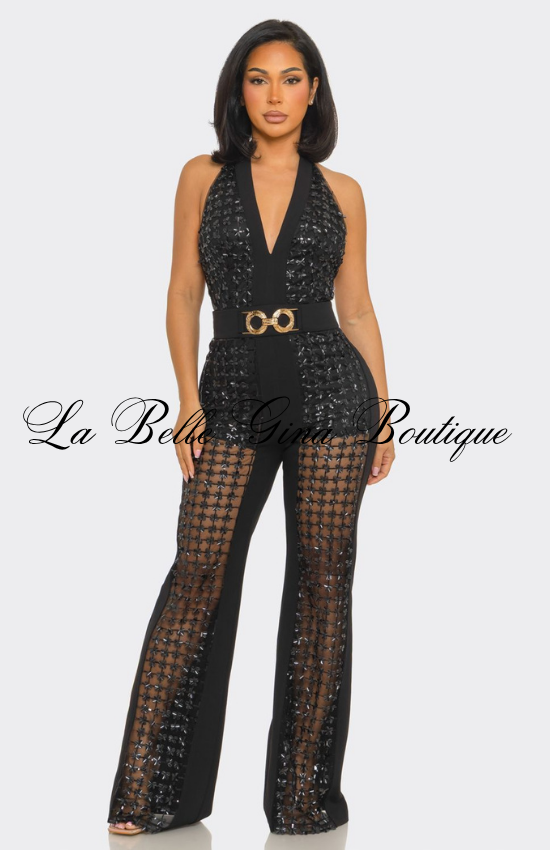 Rhinestone Halter Jumpsuit for Women | Elegant Backless Party Jumpsuit