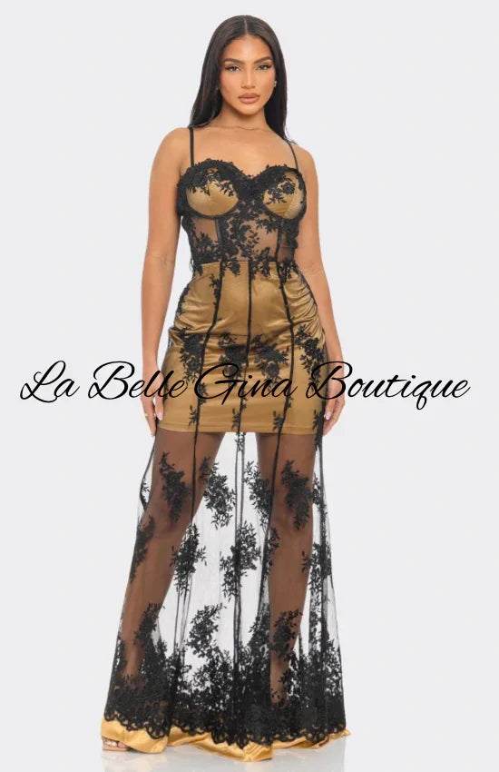 Gold Satin & Black Lace Sheer Gown – Luxury Evening Maxi Dress