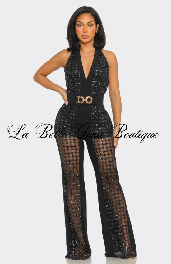 Rhinestone Halter Jumpsuit for Women | Elegant Backless Party Jumpsuit