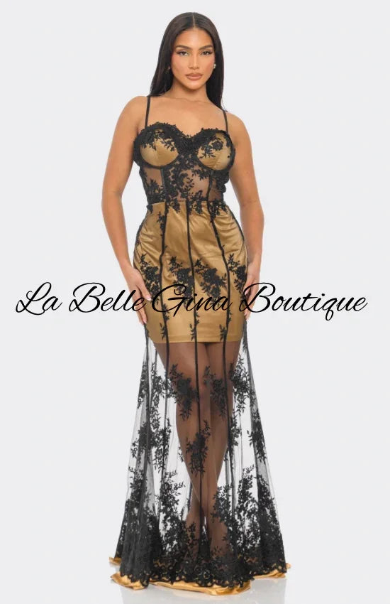 Gold Satin & Black Lace Sheer Gown – Luxury Evening Maxi Dress