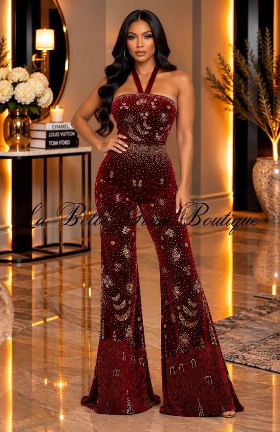 Glamour Queen Rhinestone Halter Jumpsuit – Sparkly Wide-Leg Evening Outfit