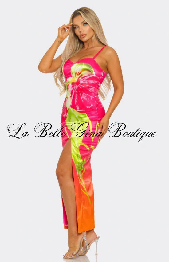 Tropical Paradise Hibiscus Maxi Dress – Sexy Slit Satin Vacation Dress | Summer Floral Bodycon Dress