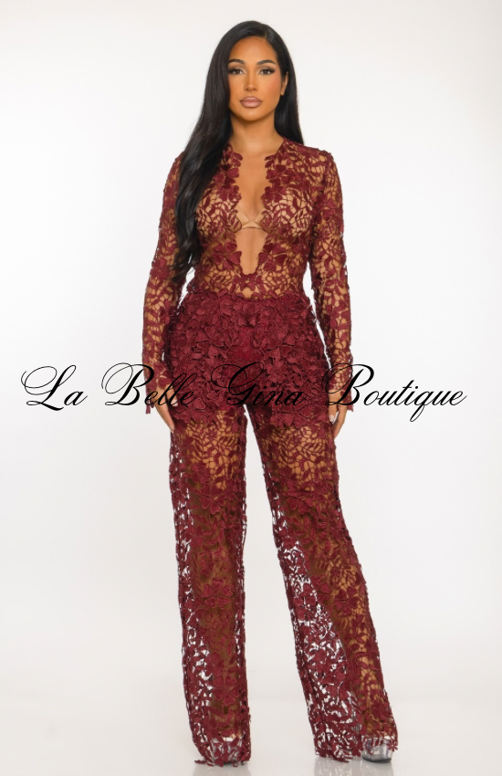 Floral Sheer Lace Jumpsuit Set – Elegant Long Sleeve See-Through Pantsuit | Evening, Birthday & Special Occasion Outfit