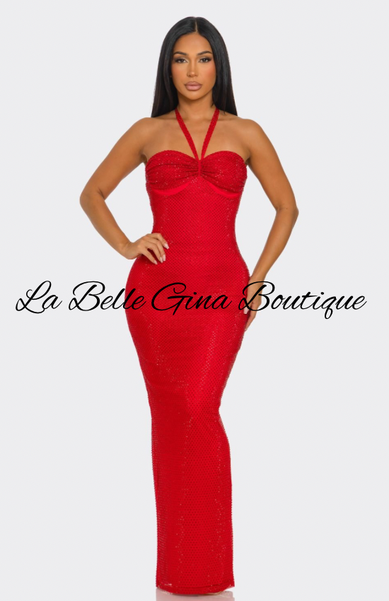 Luxury Sparkle Halter Maxi Gown – Curve Hugging Back Lace-Up Evening Dress | La Belle Gina Boutique