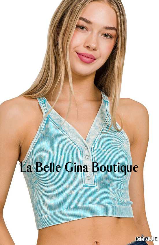 Djoune Washed Cropped Button V-Neck Tank Top.