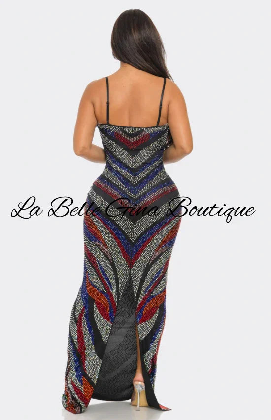 Multi-Color Rhinestone Maxi Gown – Strappy Bodycon Evening Dress
