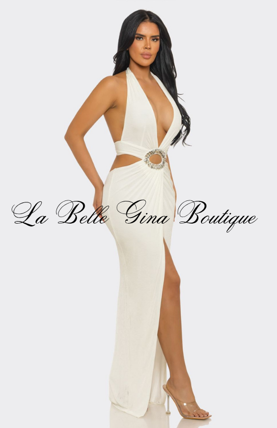 Halter Cutout Maxi Dress for Women | Sexy Rhinestone Evening Gown