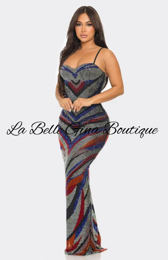 Multi-Color Rhinestone Maxi Gown – Strappy Bodycon Evening Dress