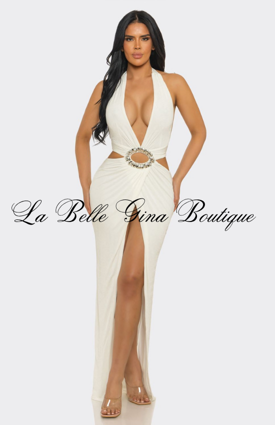 Halter Cutout Maxi Dress for Women | Sexy Rhinestone Evening Gown