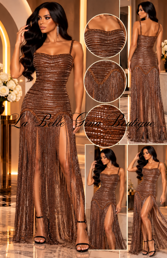 Midnight Fringe Rhinestone Maxi Dress – Sparkly Tassel Evening Gown