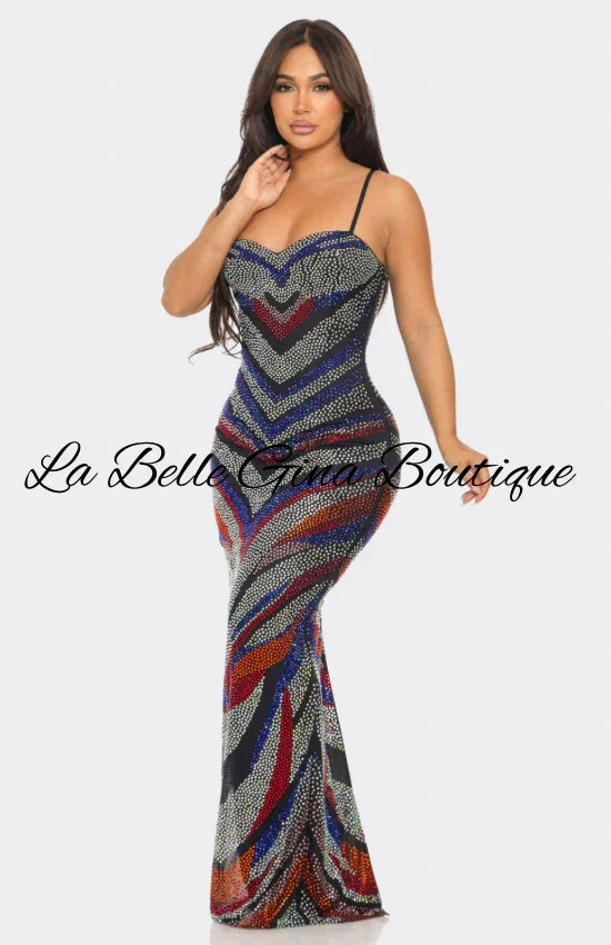 Multi-Color Rhinestone Maxi Gown – Strappy Bodycon Evening Dress