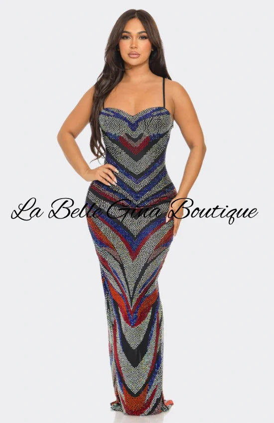 Multi-Color Rhinestone Maxi Gown – Strappy Bodycon Evening Dress