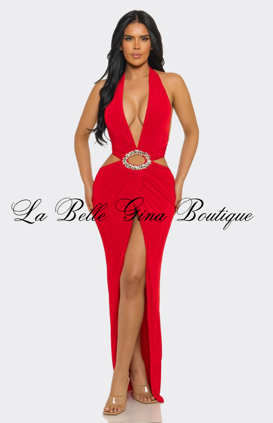Halter Cutout Maxi Dress for Women | Sexy Rhinestone Evening Gown