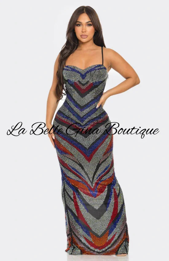 Multi-Color Rhinestone Maxi Gown – Strappy Bodycon Evening Dress