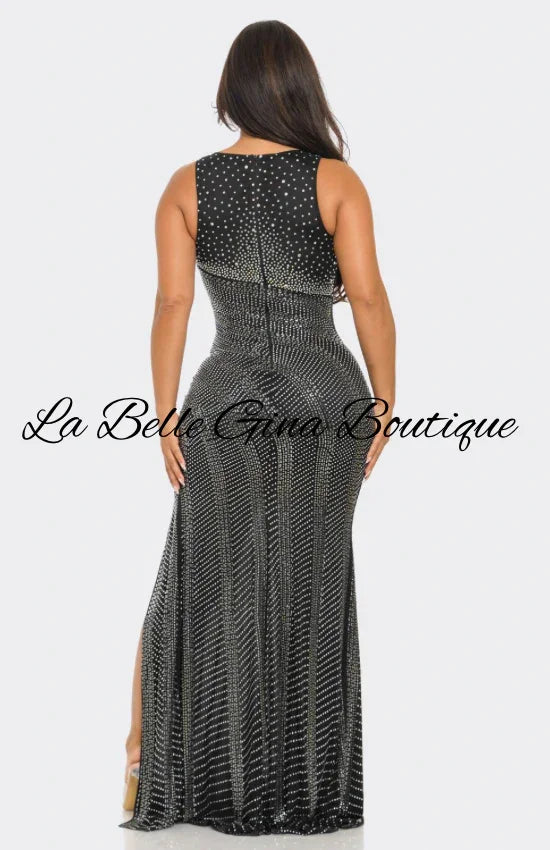 Black Sequin Slit Evening Gown – Luxury V-Neck Bodycon Maxi Dress