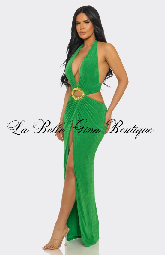 Halter Cutout Maxi Dress for Women | Sexy Rhinestone Evening Gown