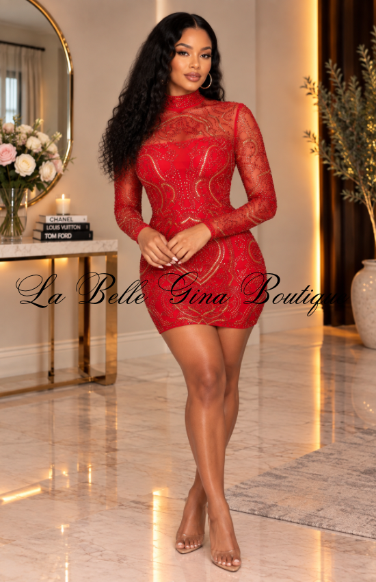 After Dark Luxe Rhinestone Mesh Mini Dress – Long Sleeve Sheer Party Dress