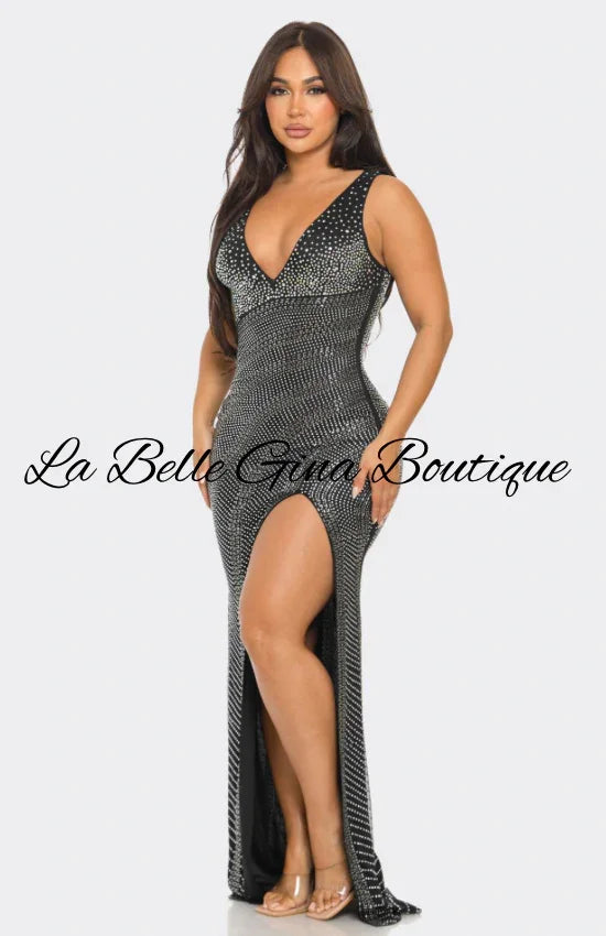 Black Sequin Slit Evening Gown – Luxury V-Neck Bodycon Maxi Dress