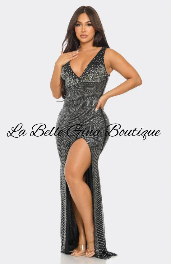 Black Sequin Slit Evening Gown – Luxury V-Neck Bodycon Maxi Dress