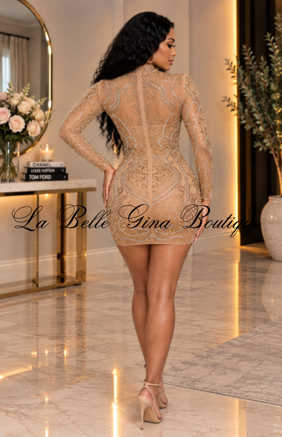 After Dark Luxe Rhinestone Mesh Mini Dress – Long Sleeve Sheer Party Dress