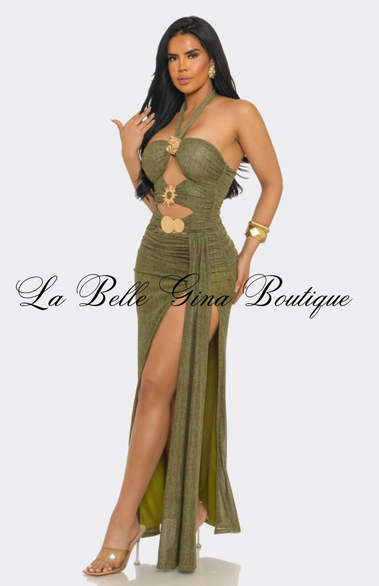 Women’s Ruched Cutout Maxi Dress with Gold Hardware – Strapless Bodycon Evening Gown with High Slit