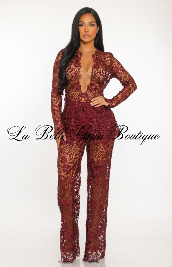 Floral Sheer Lace Jumpsuit Set – Elegant Long Sleeve See-Through Pantsuit | Evening, Birthday & Special Occasion Outfit