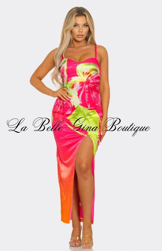 Tropical Paradise Hibiscus Maxi Dress – Sexy Slit Satin Vacation Dress | Summer Floral Bodycon Dress
