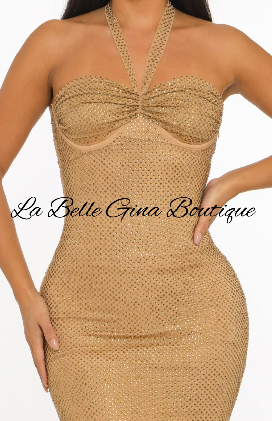 Luxury Sparkle Halter Maxi Gown – Curve Hugging Back Lace-Up Evening Dress | La Belle Gina Boutique