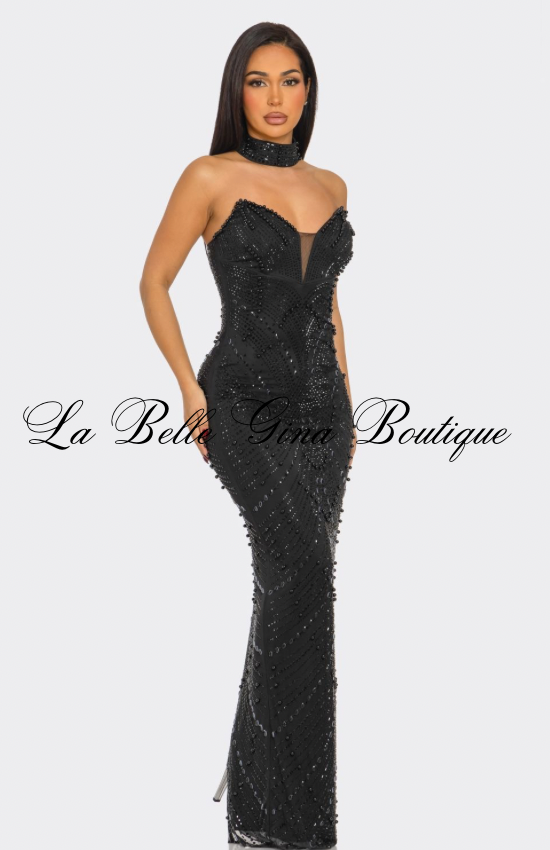 Glamour Muse Rhinestone Mesh Maxi Dress – Strapless Bodycon Evening Gown