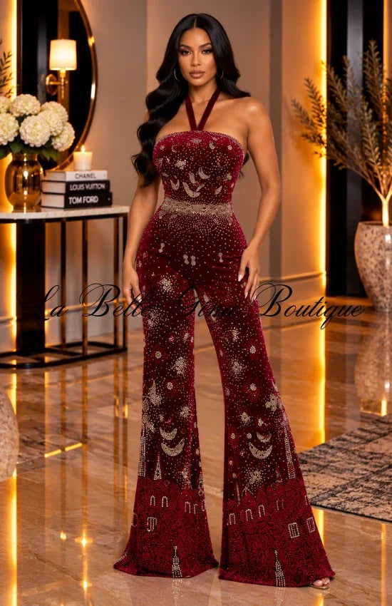 Glamour Queen Rhinestone Halter Jumpsuit – Sparkly Wide-Leg Evening Outfit