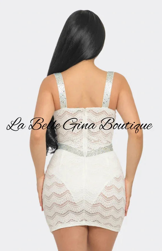 Rhinestone Lace Mini Dress – Black & White Bodycon Party Dress