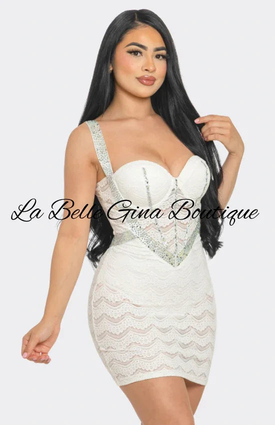 Rhinestone Lace Mini Dress – Black & White Bodycon Party Dress