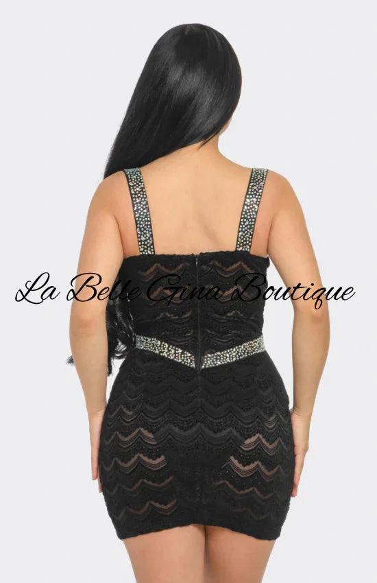 Rhinestone Lace Mini Dress – Black & White Bodycon Party Dress