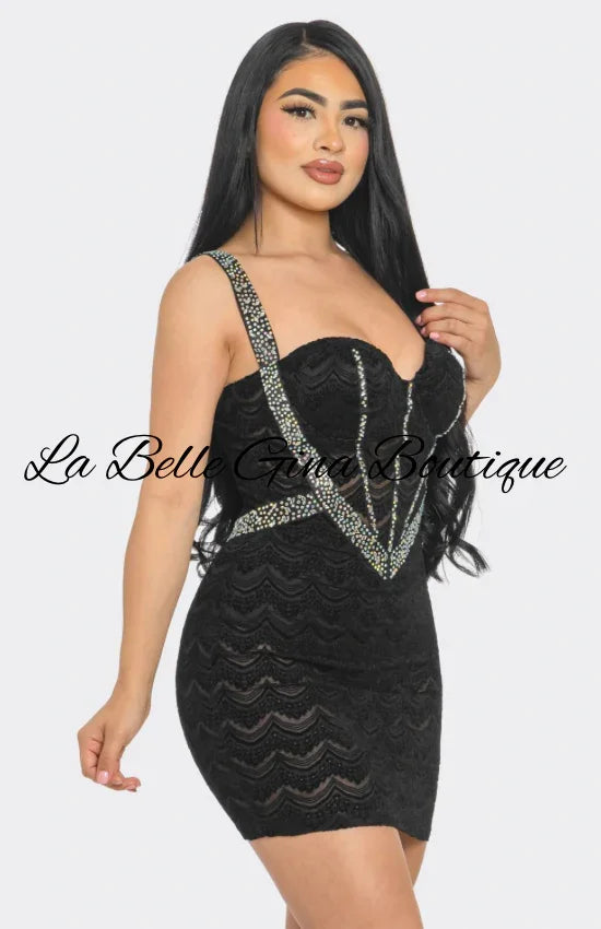 Rhinestone Lace Mini Dress – Black & White Bodycon Party Dress