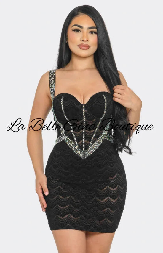 Rhinestone Lace Mini Dress – Black & White Bodycon Party Dress